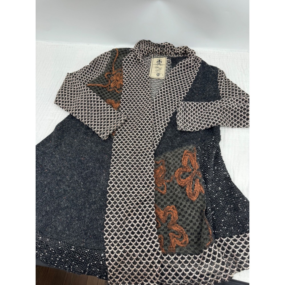 Fleur De Lis Cardigan Black Knit Yarn Patchwork Boho Floral Open Front Size S
